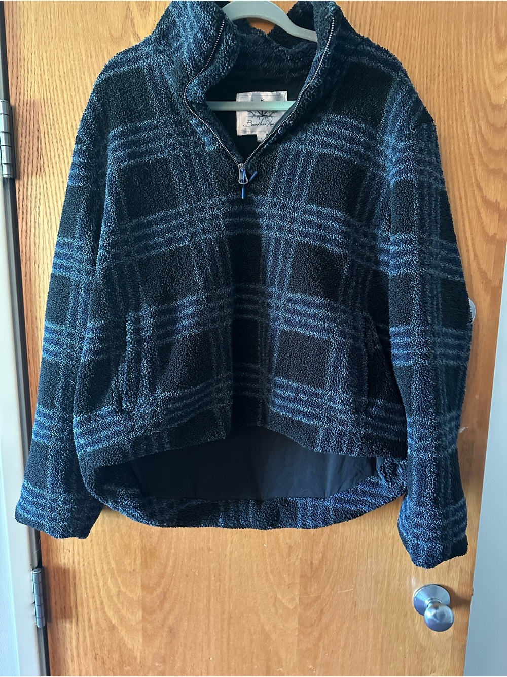 Quarter-Zip Teddy Jacket in Black & Blue Plaid